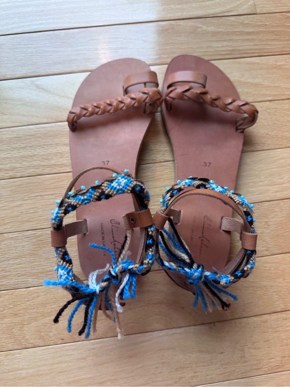 Braided Brown Leather Sandals with Blue Accent Straps